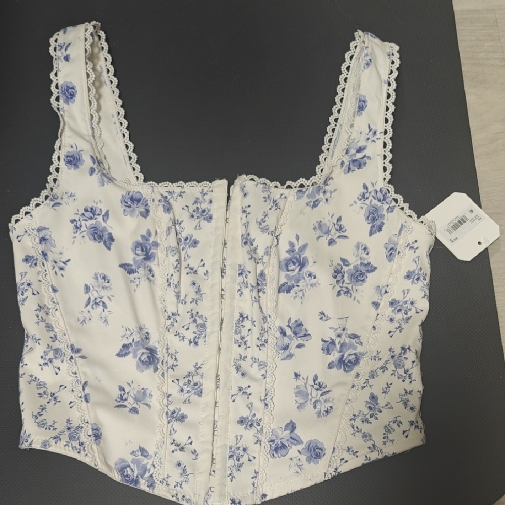 Floral Lace Trim Corset Top - Blue and White